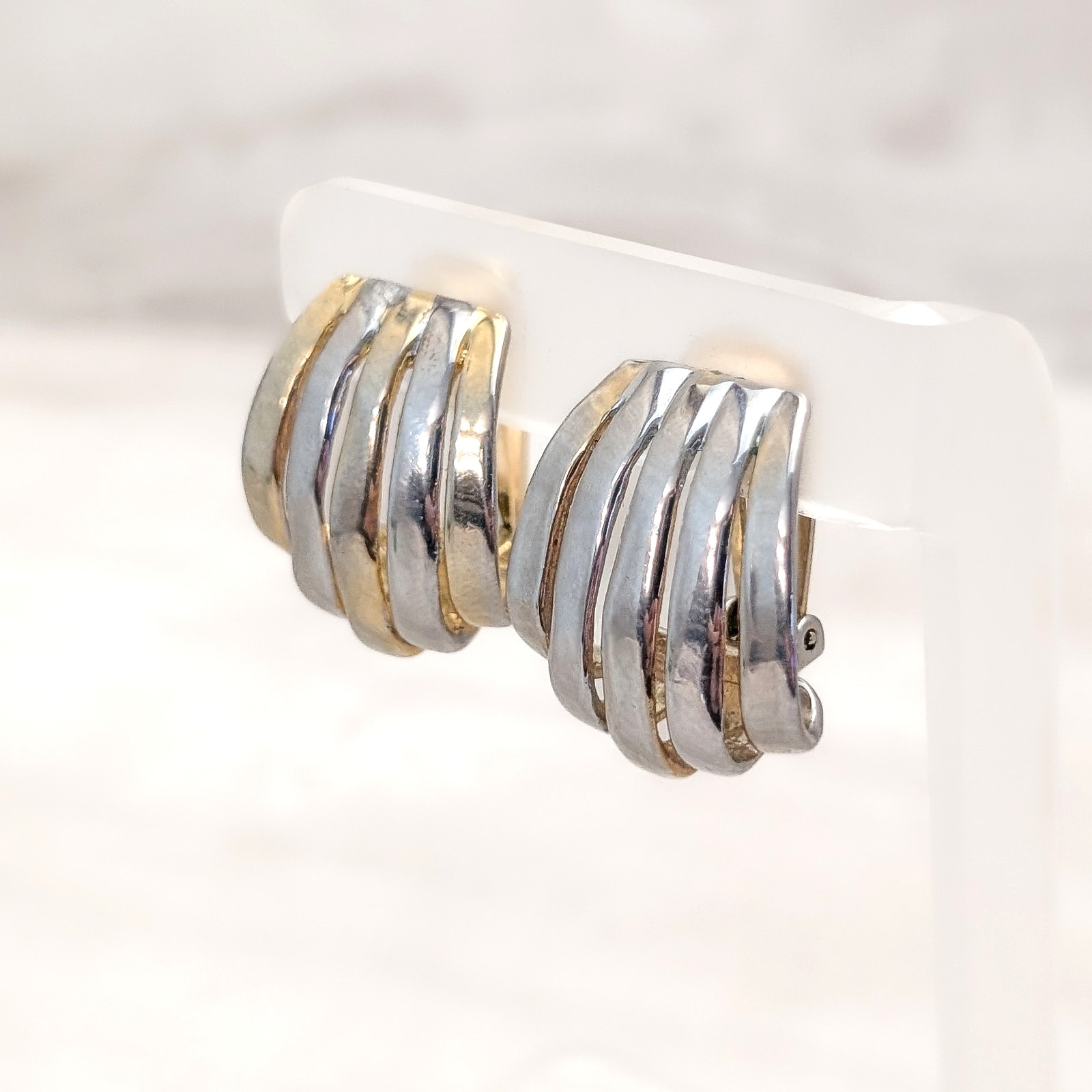 Vintage Clip On Earrings Chunky Large Silver Tone  Gold Tone  Gold Tone Fading